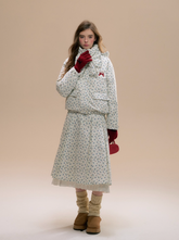 Floral Hooded Down Jacket & Pleated Skirt Set