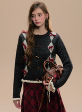 Dark Gray Floral Knit Horn Button Sweater