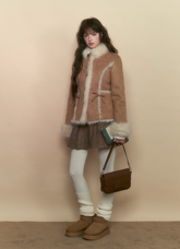 빈티지 카키/핑크 스웨이드 퍼 재킷