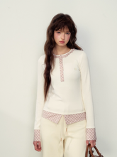 다크 그레이/핑크 레트로 미우 플레드 스티칭 가짜 투피스 긴팔 티셔츠