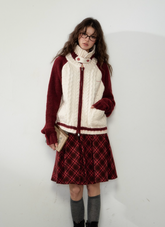 콘트라스트 컬러 크리스마스 레드/블루 스탠드 칼라 야구 재킷 니트 지퍼 재킷