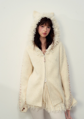 여성용 투피스 고양이 귀 닳은 가장자리 울 니트 재킷/반바지