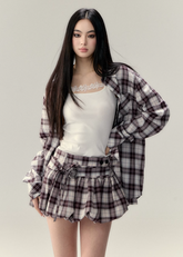 플레드 셔츠 & 퍼피 스커트 패션 슈트 여성