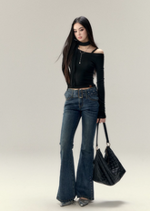 Slim Fit Belted Flare Jeans