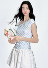 Blue Check One-Shoulder Tee