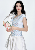 블루 체크 원숄더 티셔츠