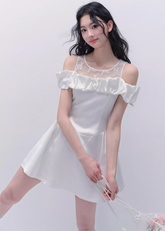 오프숄더 레이스 패치워크 드레스