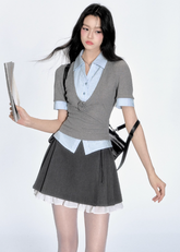 블루 스트라이프 레이어드 룩 탑