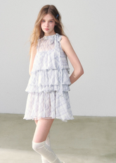 Purple Grid Mesh Doll Princess Puff Dress