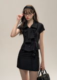 Black Stripe College Bow Tie Short Sleeve Shirt