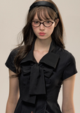 Black Stripe College Bow Tie Short Sleeve Shirt