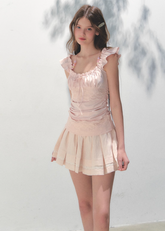 핑크 레이스 스퀘어 칼라 스트랩 탑