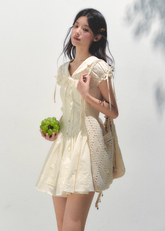 자수 버블 슬리브 티드레스