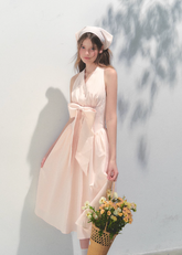 Pink V-Neck Resort Bow Strap Dress