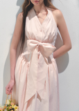 핑크 V넥 리조트 리본 스트랩 드레스