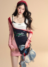 긴팔 레이스 스트랩 티셔츠 스타일 드레스