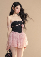 플로럴 원숄더 메시 드레스