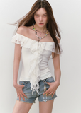 레이스 리본 V넥 신치드 웨이스트 탑