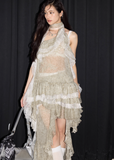 Leaf Embroidered Halter Tank & Skirt Set