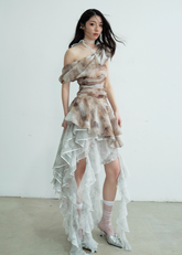 Retro Slant Shoulder Ruffle Hem Tank Top