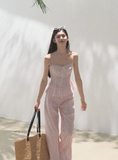 Silk Hemp Strap Grid Wide-Leg Pants Vacation Set
