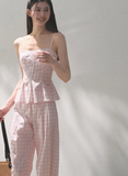 Silk Hemp Strap Grid Wide-Leg Pants Vacation Set