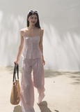 Silk Hemp Strap Grid Wide-Leg Pants Vacation Set