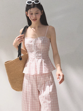 Silk Hemp Strap Grid Wide-Leg Pants Vacation Set