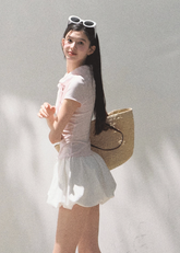 소프트 메쉬 그리드 퍼프 플라워 버드 스커트