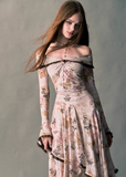 로즈 버터플라이 원숄더 스윙 롱 드레스