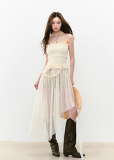 우아한 불규칙한 메시 체스트 랩 원숄더 드레스