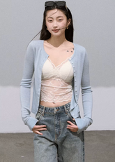 거대한 부드러움 울-실크 슬림 니트 카디건