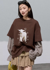 양 하트 라이오셀 코튼 플레드 패치워크 스웨트셔츠