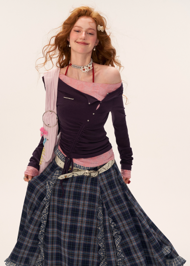 one shoulder lace top, lace shirring long sleeve shirt women, slim fit fall top 2025, asymmetric lace tee womens, street femme fashion top, korean slim inner top, fall layering shirt women, elegant lace one shoulder shirt, nowa tokyo womens fashion