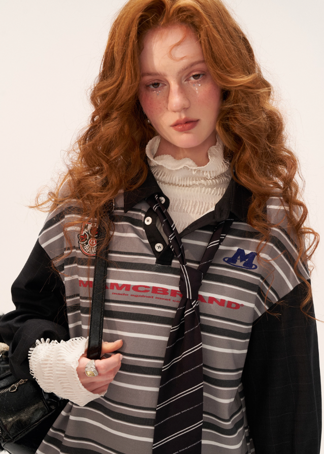 vintage patchwork striped polo, retro long sleeve polo women, loose fall lapel top 2025, striped patchwork shirt female, korean street polo top, casual retro long sleeve t shirt, autumn vintage stripe top women, relaxed fit polo shirt outfit, nowa tokyo street fashion