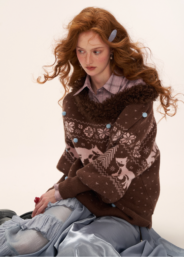 fox fair isle sweater women, v neck winter knit top, fair isle fox pattern knit, cozy lazy fit sweater women, korean winter knit fashion, fall winter 2025 sweater trend, nordic pattern fox pullover, cute warm knitwear outfit women, nowa tokyo cozy street style