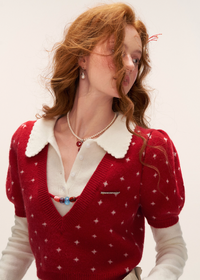 vintage crochet sweater women, puff sleeve lace knit top, romantic slim fit knitwear, fall winter feminine sweater, korean soft girl fashion, gentle sweet crochet top, v neck lace knit blouse, cottagecore puff sleeve sweater, nowa tokyo romantic knit style