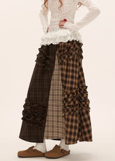 brown plaid skirt, layered midi skirt, patchwork check skirt, ruffle plaid skirt, autumn winter outfit women, mocha mid length skirt, fw25 collection, street boutique fashion, korean plaid fashion, tokyo style skirt