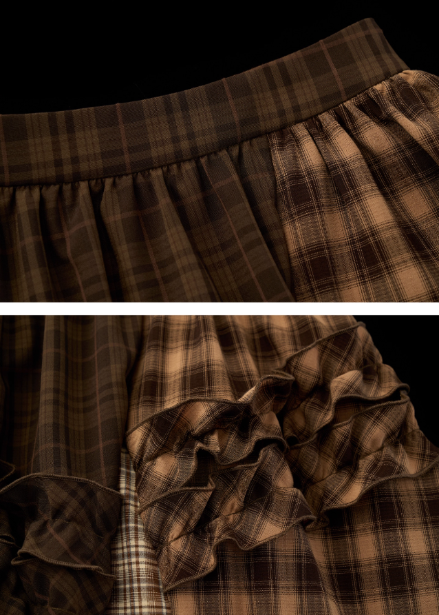 brown plaid skirt, layered midi skirt, patchwork check skirt, ruffle plaid skirt, autumn winter outfit women, mocha mid length skirt, fw25 collection, street boutique fashion, korean plaid fashion, tokyo style skirt