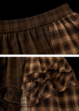 brown plaid skirt, layered midi skirt, patchwork check skirt, ruffle plaid skirt, autumn winter outfit women, mocha mid length skirt, fw25 collection, street boutique fashion, korean plaid fashion, tokyo style skirt