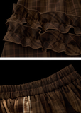 brown plaid skirt, layered midi skirt, patchwork check skirt, ruffle plaid skirt, autumn winter outfit women, mocha mid length skirt, fw25 collection, street boutique fashion, korean plaid fashion, tokyo style skirt
