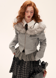 slanted shoulder fur collar jacket women, double zipper cropped jacket, detachable fur short coat, floral cropped winter jacket, fw2025 luxury streetwear women, asymmetric zip jacket fashion, korean high end cropped outerwear, elegant street fashion top women, nowa tokyo premium winter jacket