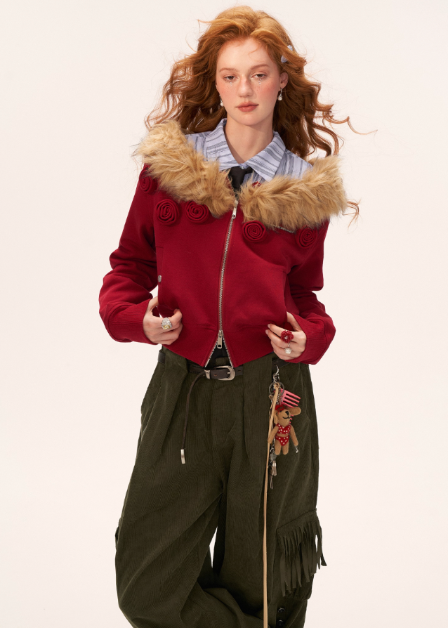 slanted shoulder fur collar jacket women, double zipper cropped jacket, detachable fur short coat, floral cropped winter jacket, fw2025 luxury streetwear women, asymmetric zip jacket fashion, korean high end cropped outerwear, elegant street fashion top women, nowa tokyo premium winter jacket