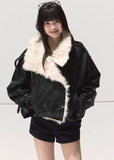 lamb wool leather jacket women, oversized shearling short coat, winter thick lapel jacket, faux shearling leather outerwear women, streetcore winter jacket 2025, osmanthus lamb wool coat, black short leather jacket women, korean winter fashion jacket, nowa tokyo winter outerwear