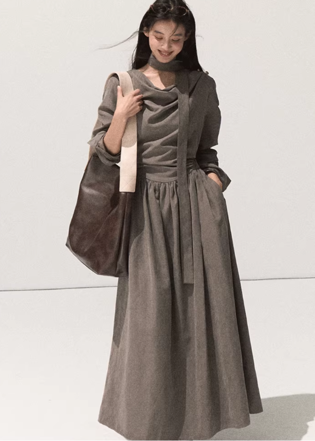 velvet swing collar dress, micro velvet long sleeve dress, literary style long dress women, scarf collar draped maxi dress, elegant waist velvet gown, fall winter 2025 dresses women, artistic flowing long skirt, korean minimalist dress style, soft street velvet dress, nowa tokyo boutique fashion