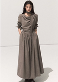 velvet swing collar dress, micro velvet long sleeve dress, literary style long dress women, scarf collar draped maxi dress, elegant waist velvet gown, fall winter 2025 dresses women, artistic flowing long skirt, korean minimalist dress style, soft street velvet dress, nowa tokyo boutique fashion