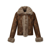 Retro coat brown slim fur splicing coat