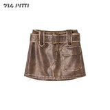 헤비 컬러 PU 가죽 재킷과 가죽 스커트 투피스 슈트