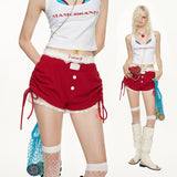 끈이 달린 플리츠 랜턴 레드 반바지