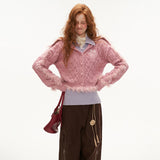 하이 칼라 패치워크 울 스웨터 카디건